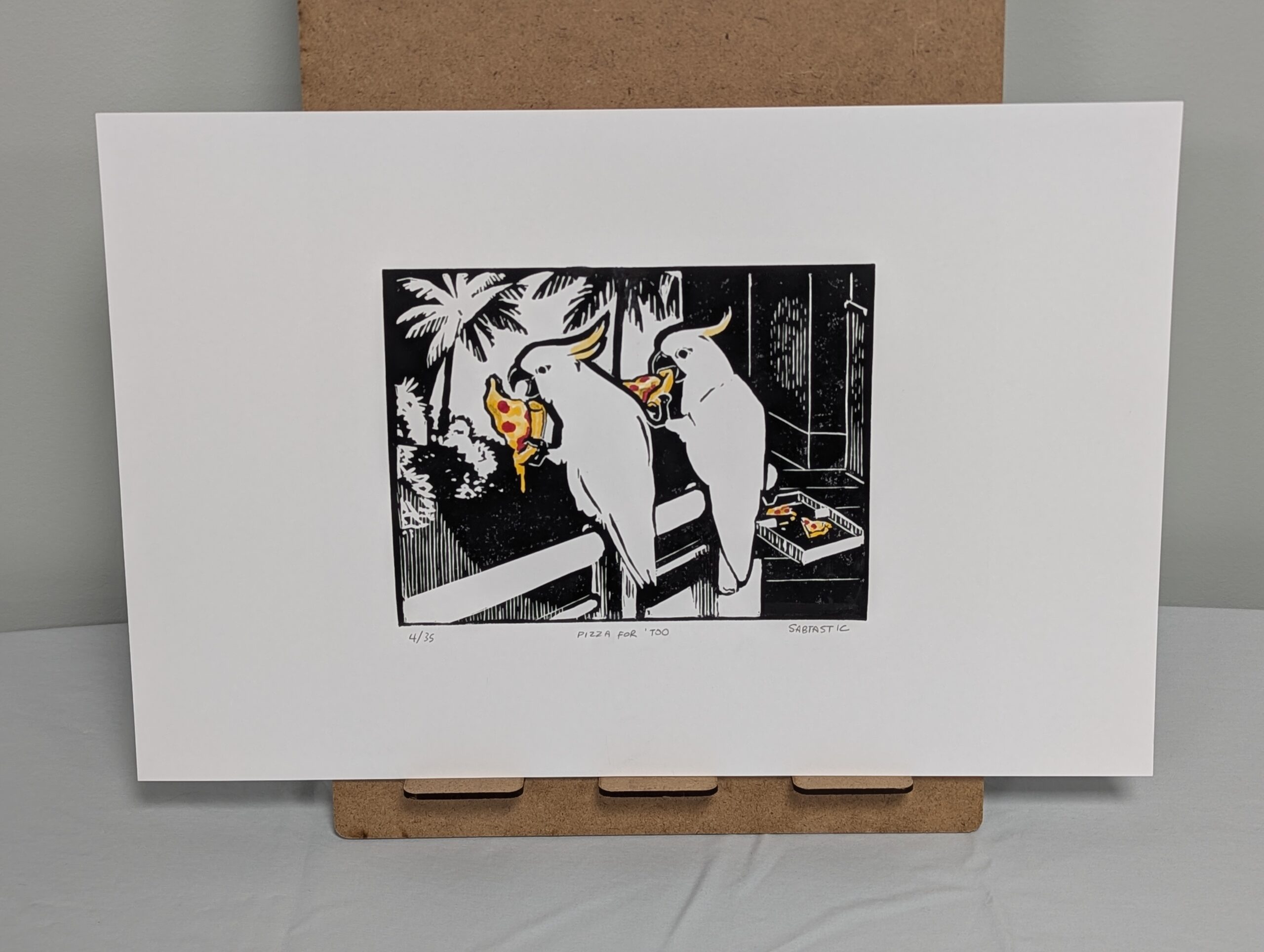 014 - 11”x17” Home-made Linocut art print - Pizza for Too - Limited Edition 4/35