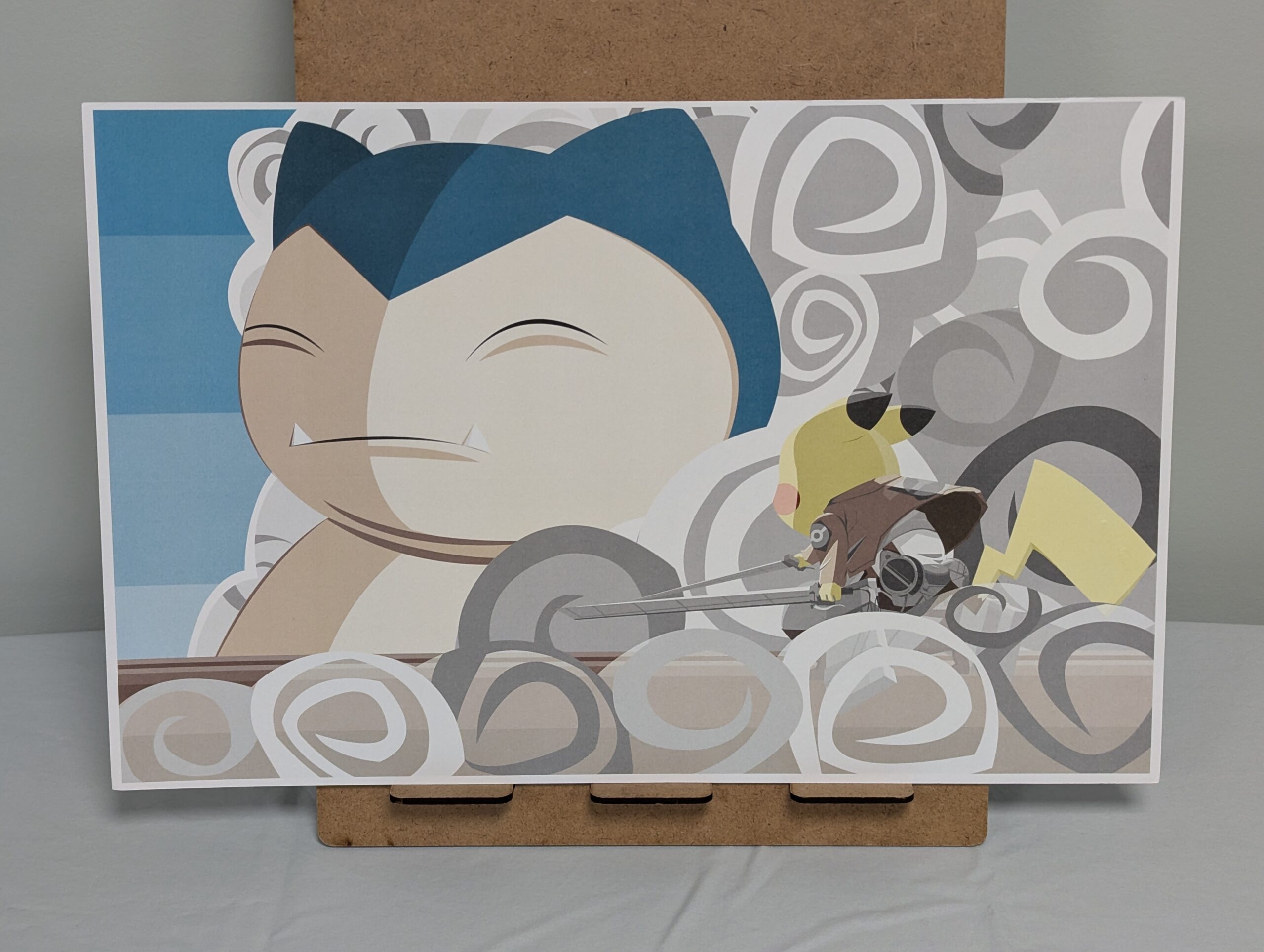 021 - 3 11”x17” art prints, Snorlax/Pikachu Attack on Titan, Pokemon, and Digimon