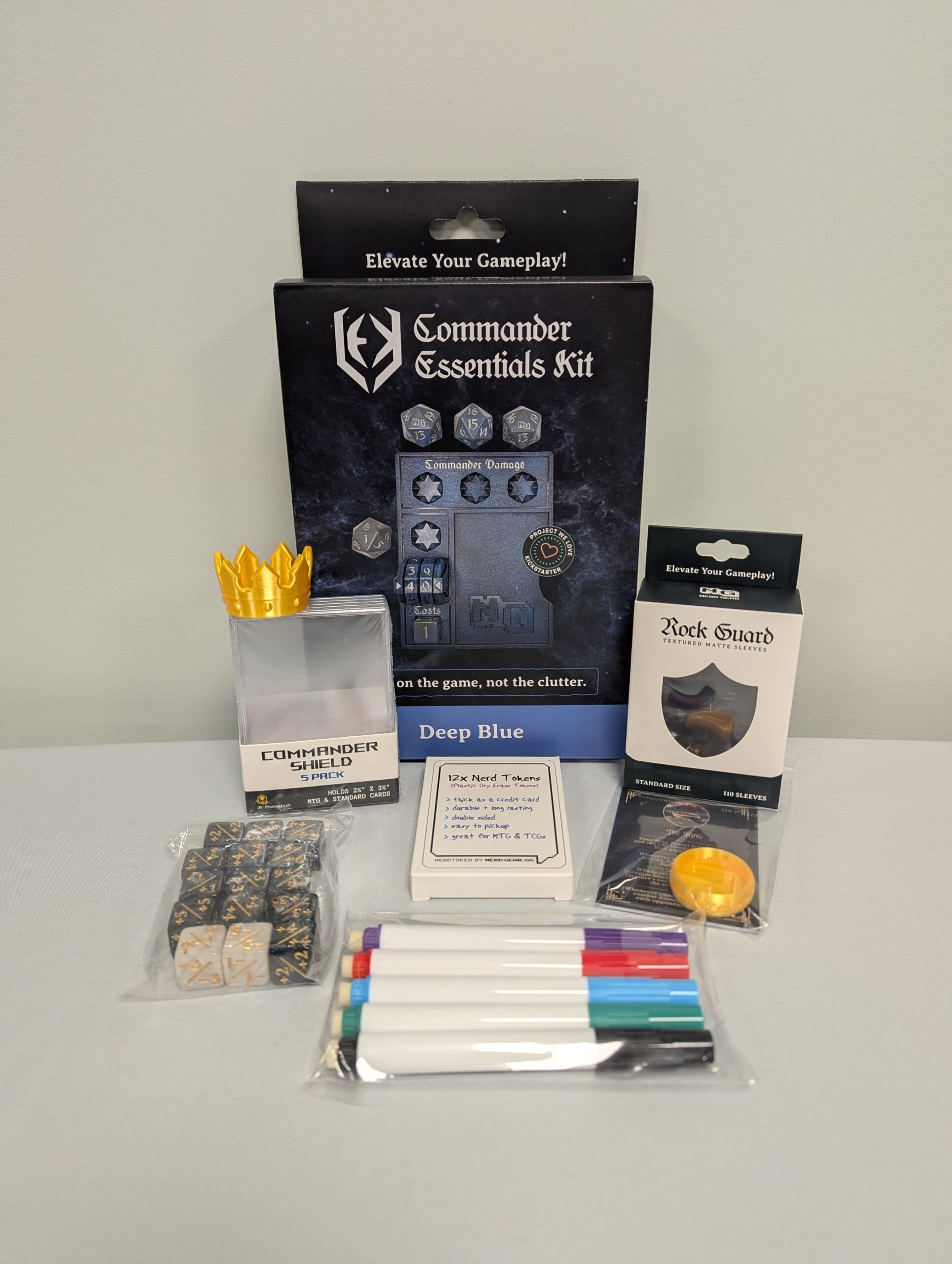 072 - MTG Ultimate Commander Bundle: Includes Blue Commander Essentials Kit, Black Card Sleeves, 3d printed crown, top loading hard case sleeves, dry erase tokens, the ring, +1+1 dice counters, and blue island playmat