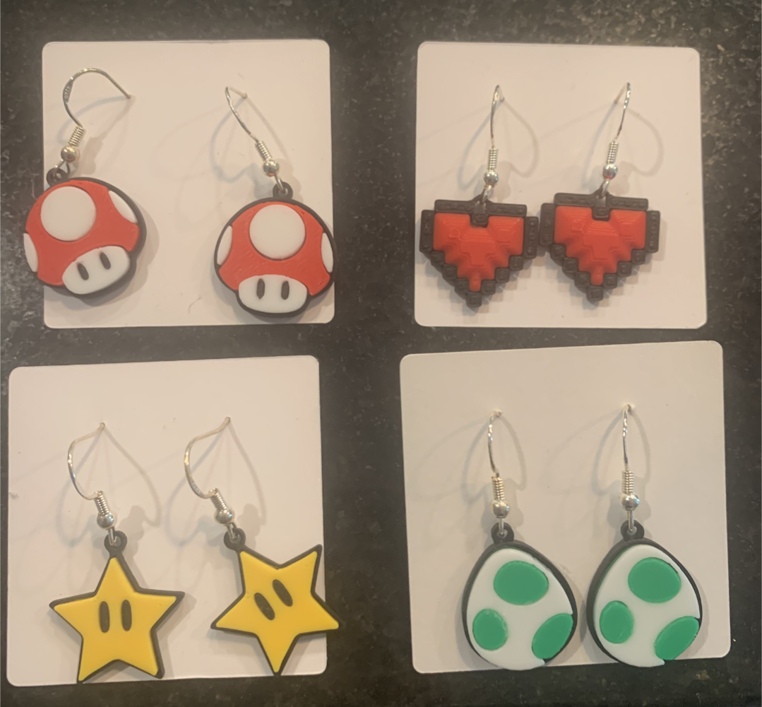 108 - 3d printed Super Mario Bros Earrings: Mushrooms, Hearts, Stars, & Yoshi Eggs