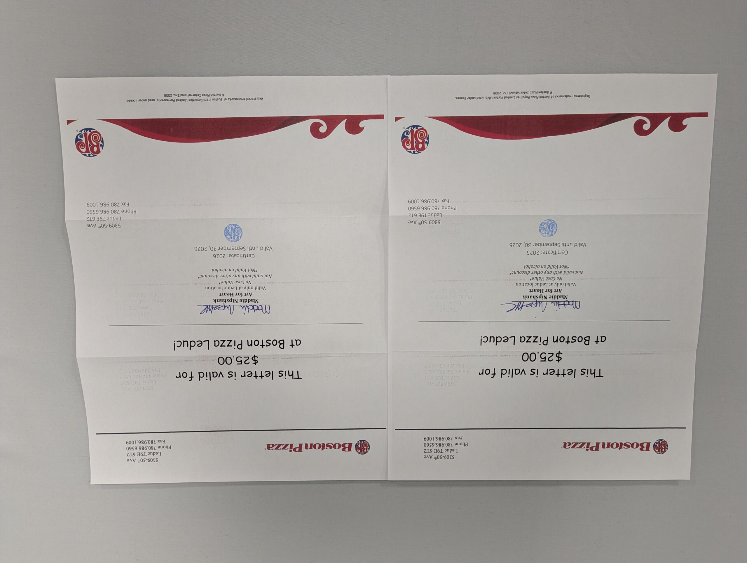 114 - 2x $25 Gift Certificates to Leduc Boston Pizza