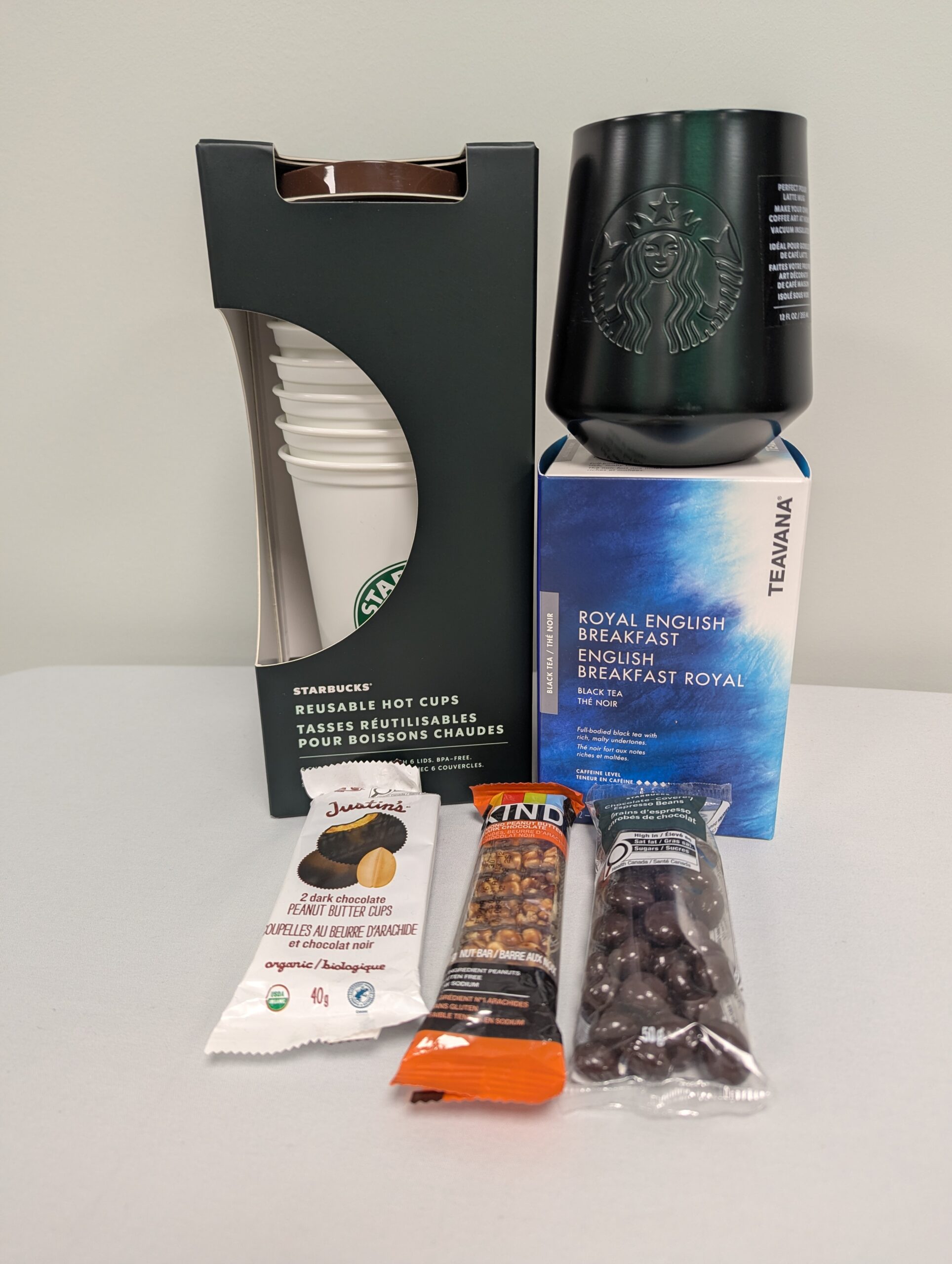 116 - Starbucks Bundle: Reusable To Go Cups, English Breakfast Tea, Green Latte Mug, and Snacks