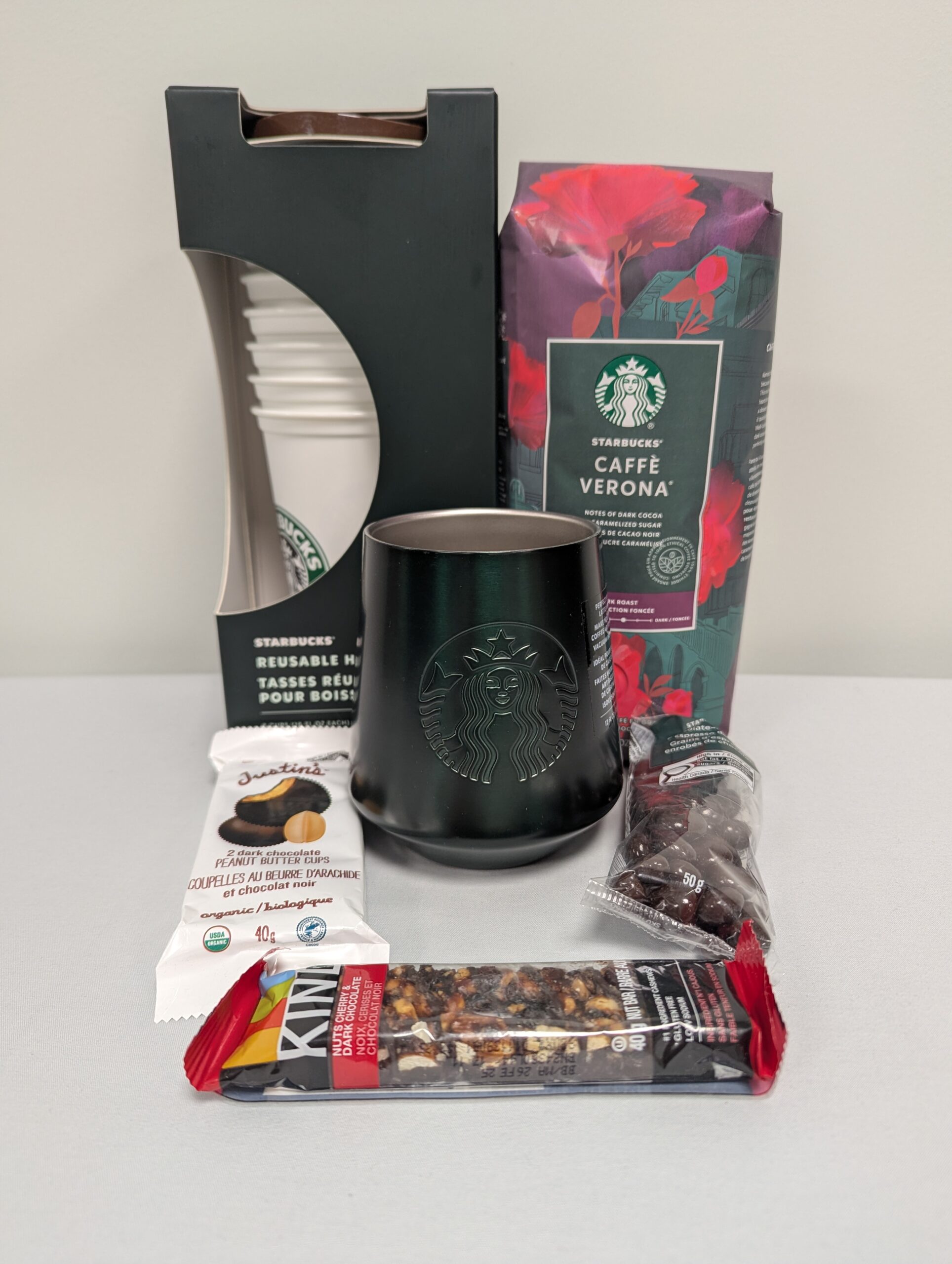 117 - Starbucks Bundle: Reusable To Go Cups, Caffe Verona Whole Bean Coffee, Green Latte Mug, and Snacks