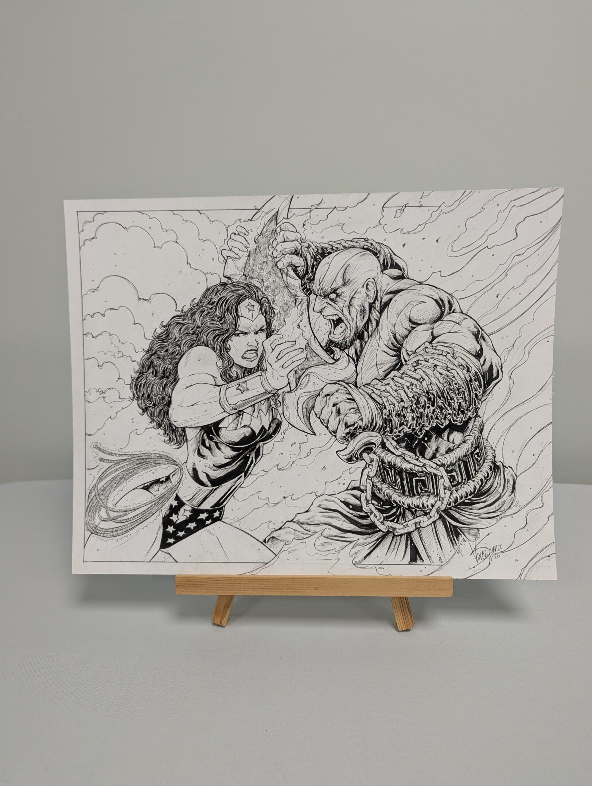 137 - Original Inked Sketch - Wonder Woman vs Kratos God of War - 10”x12.75”