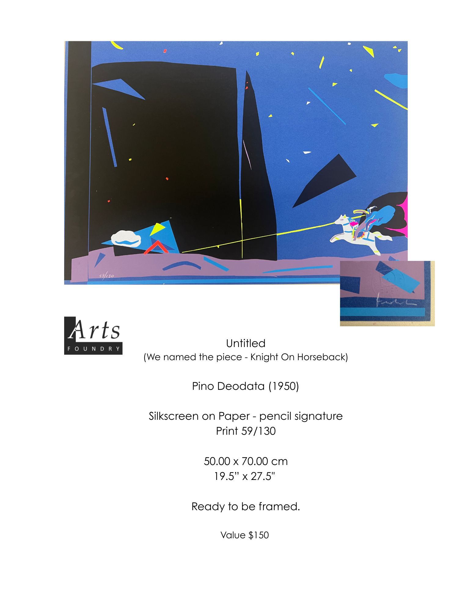 185 - 19.5x27.5” Knight on Horseback - Silkscreen art print by Pino Deodata - Signed by the Artist