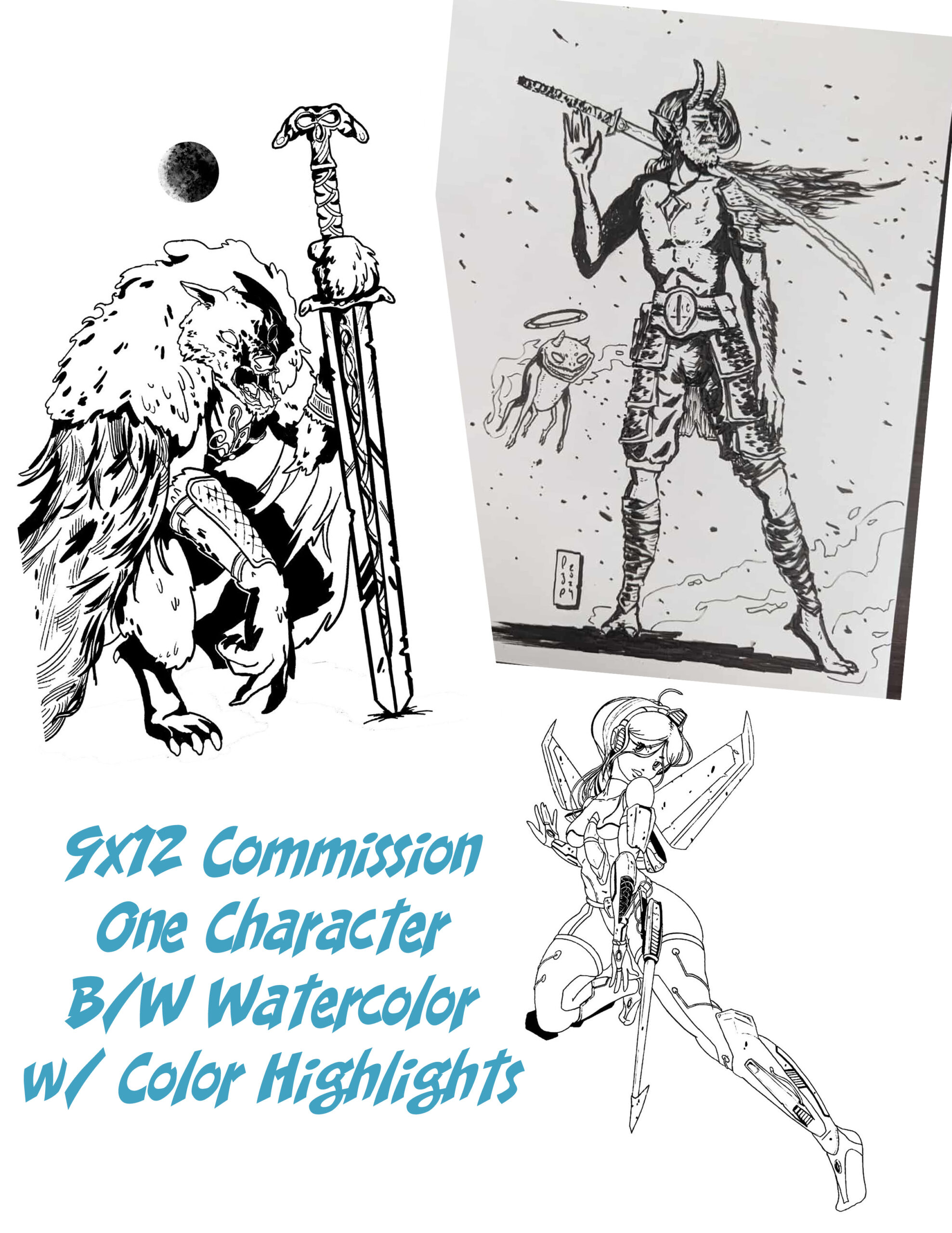 189 - 9x12 Commission - One Character - Black & White Watercolor w/ Color Highlights