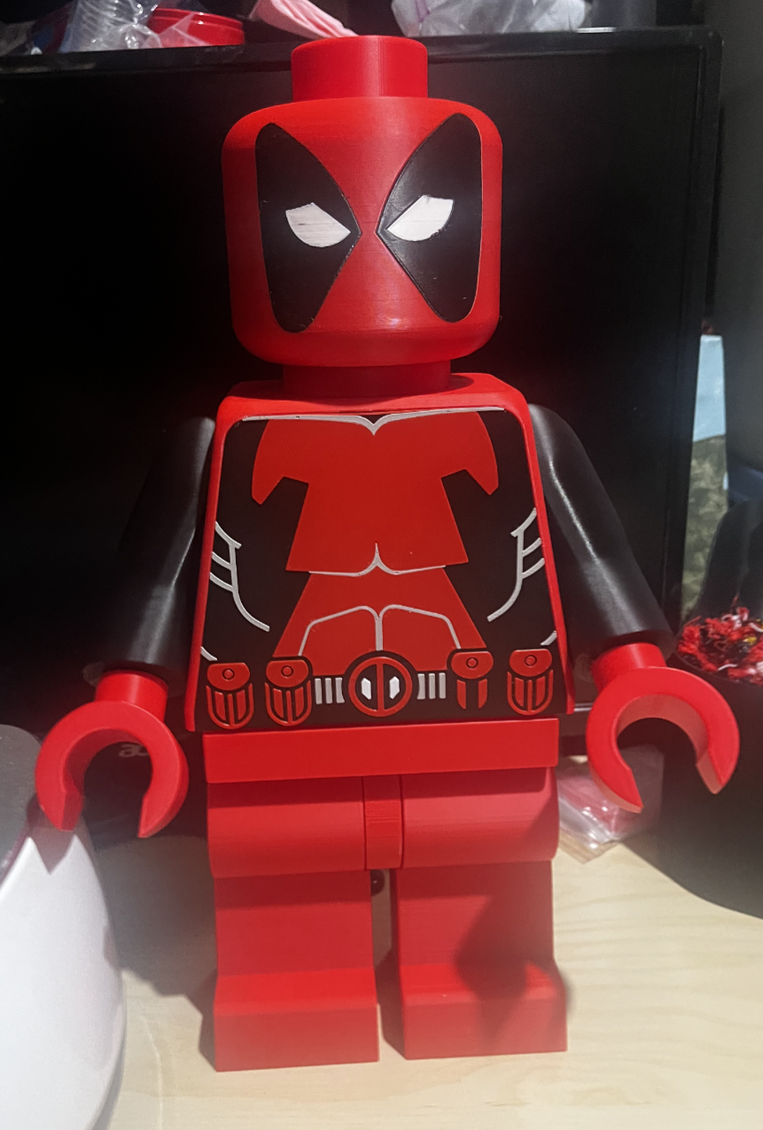 192 - 3d printed Deadpool Lego Minifigure (1000x the size of a regular Lego Minifigure, weighs roughly 2 lbs)